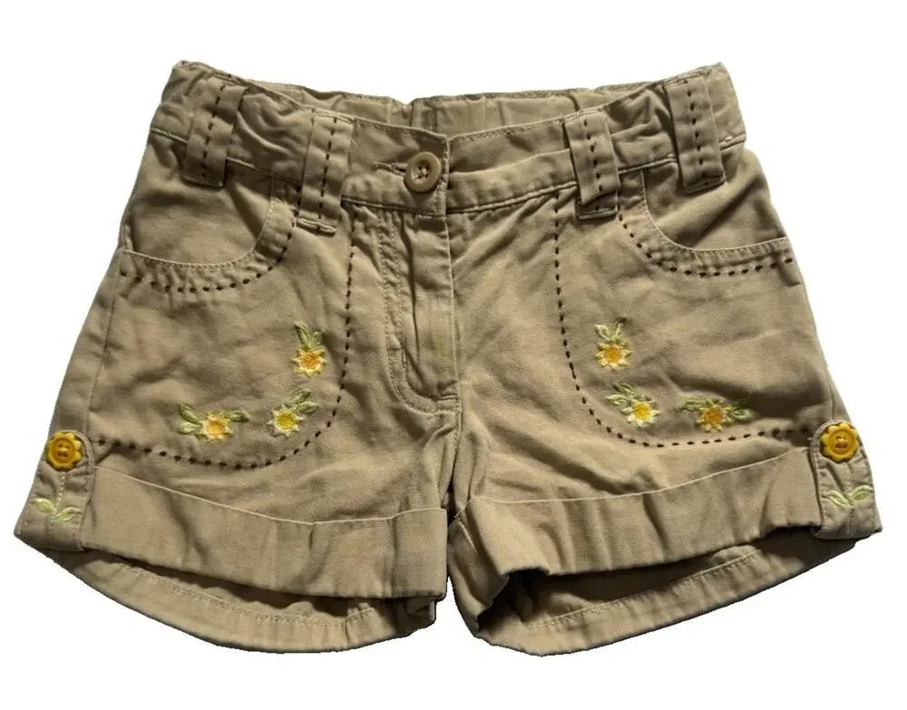 Gymboree Girls Size 3 Khaki Shorts Floral Embroidered Adjustable Waist Cotton